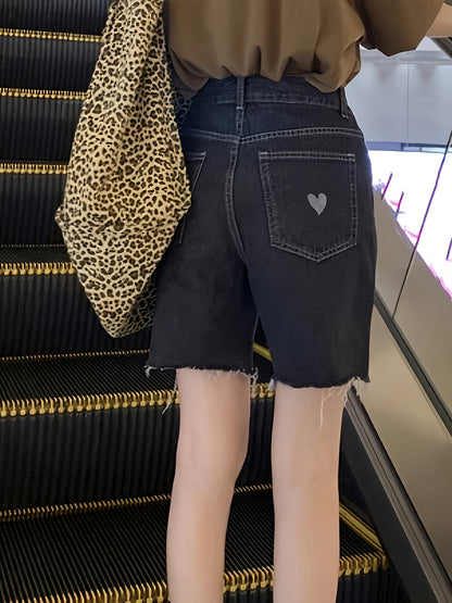 ZllKl  Casual High Waist Embroidered Heart Denim Shorts, Loose Fit, Wide Leg, Mid-thigh Length Denim Jorts, Trendy Summer Wear
