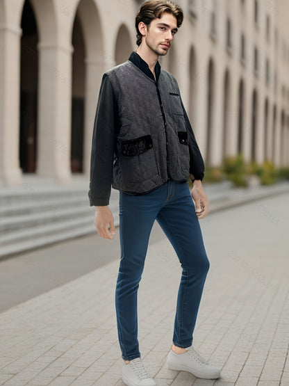 Men's Fleece-Blend Fleece Vest - Sleeveless, Stand Collar, Perfect for Parties & Weddings, PLUS SIZE