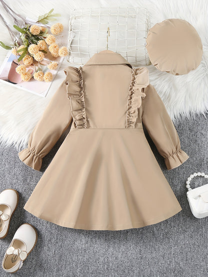 Elegant Flutter Trim Long Sleeve Windbreaker Dress With Beret For Toddler Girls Spring Fall Christmas Gift