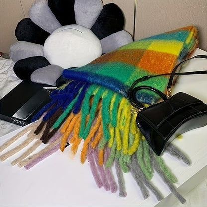 Autumn Winter Rainbow Color Boho Plaid Tassel Chunky Scarf - Soft Imitation Mohair, Eye-Catching Tassel Details, Thick and Plush Design, Long Stylish Neckerchief - Vibrant Shawl for Cold Weather