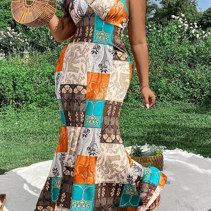 Plus Size Midi Length V Neck Spaghetti Strap Patterned Cami Dress - Elegant Vacation Style Backless Criss Cross Mermaid Hem Design, Non-Stretch Polyester Fabric, Perfect for Weekend Casual Spring and Summer Occasions