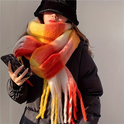 Autumn Winter Rainbow Color Boho Plaid Tassel Chunky Scarf - Soft Imitation Mohair, Eye-Catching Tassel Details, Thick and Plush Design, Long Stylish Neckerchief - Vibrant Shawl for Cold Weather