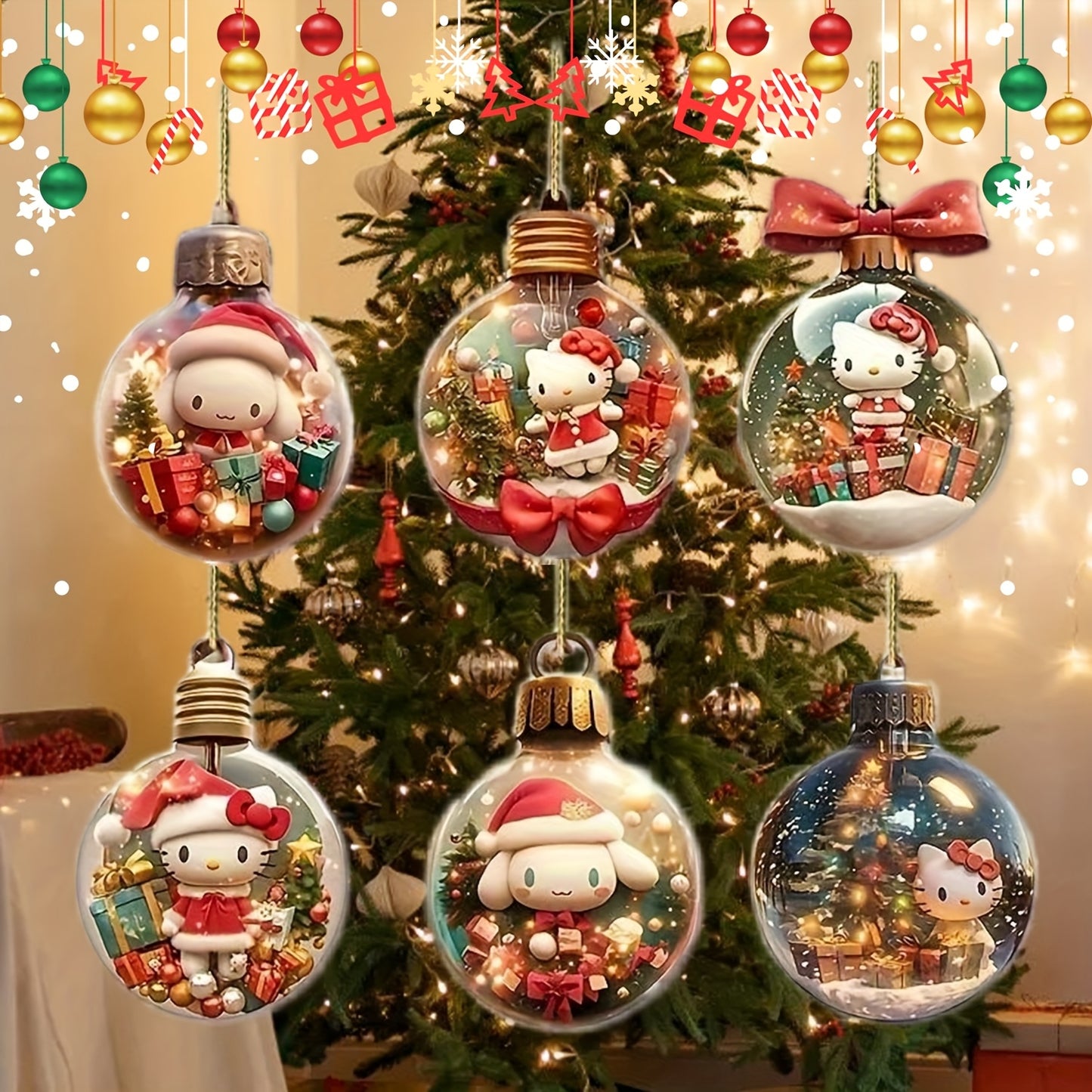 6pcs Sanrio Christmas Tree Ornaments & Car Mirror Charms Set - Perfect for Holiday, Garden & Home Decor, Party Favors