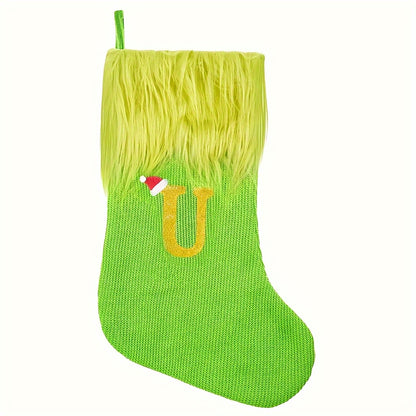 Green Faux Fur Christmas Stockings with Embroidered Letters, 18-inch Festive Holiday Decor, for Home & Party, Polyester, Christmas Decor