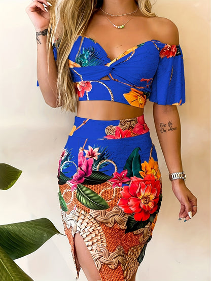 Romantic Boho Floral Two-Piece Outfit Set - Flirty Off-Shoulder Crop Top & Split Skirt - Perfect for Vacation Wear - Womens Summer Fashion