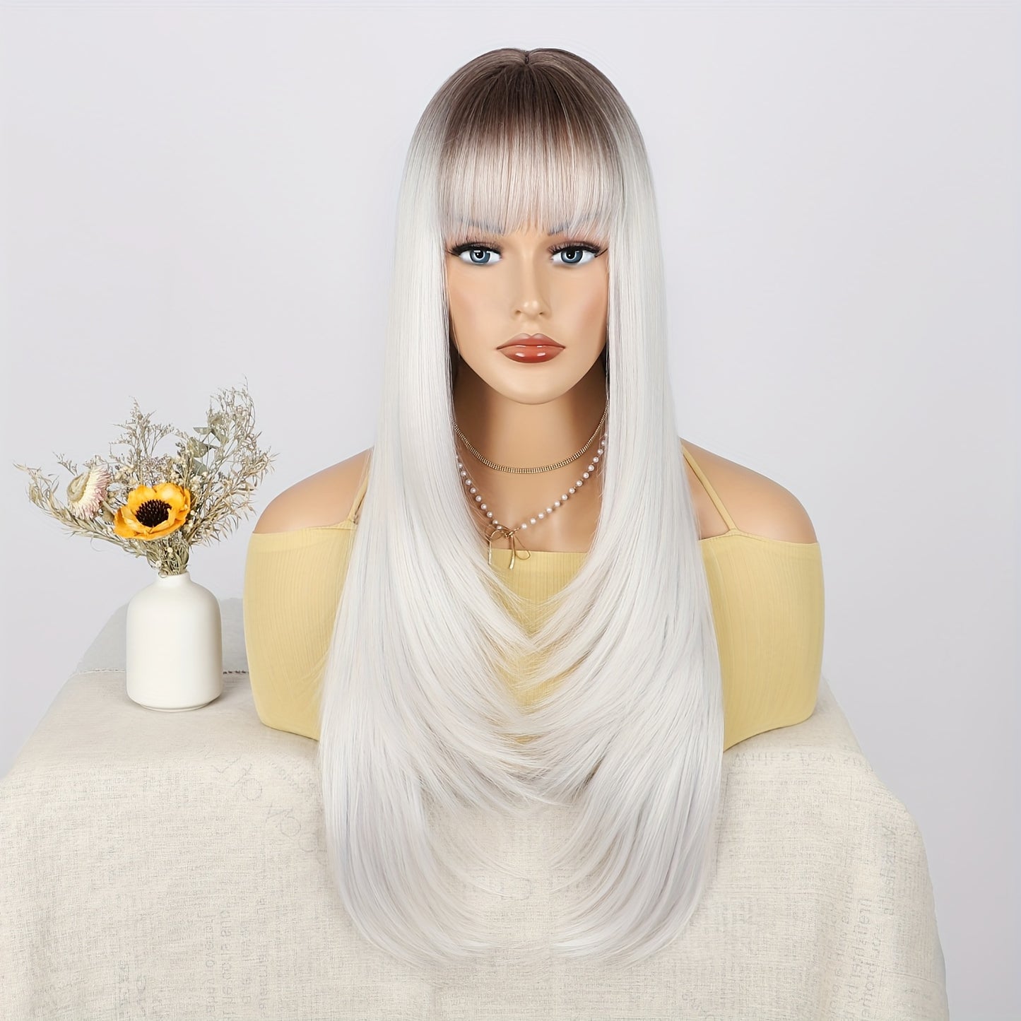 28 Inch Long Black Wig with Flattering Bangs - Silky Straight Synthetic Hair for Everyday Glam - Realistic, Easy-to-Style Wigs Designed for Women