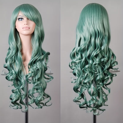 Vibrant Curly Wave Wig with Bangs - Synthetic Hair, Buckle Net Cap, Elegant Style for Women - Perfect for Halloween Party, Music Festival, and Costume Occasions