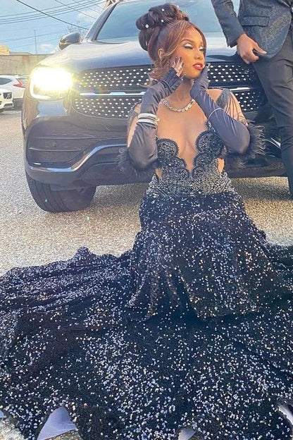Sparkle Navy Blue Sequined Crystals Mermaid Prom Dresses For Black Girls  Evening Party Gowns Sheer Jewel Neck Beaded Vestidos de bal BC18586