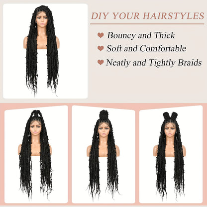 44 150% Density Full Lace Bohemian Braided Wig with Triangle Knotless Box Braids, Boho Curls, and Natural Black Color for African Women