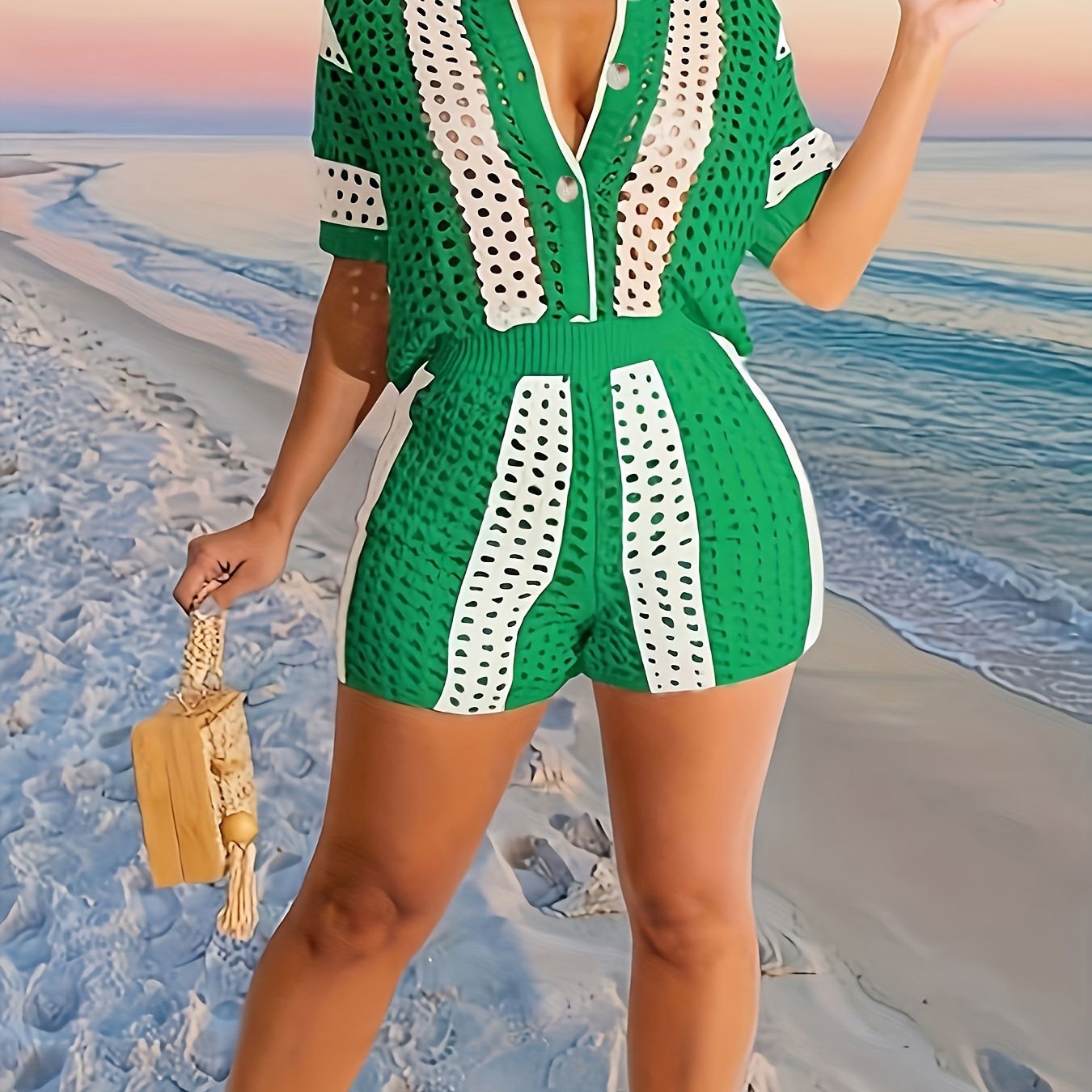 Two-Piece Short Sleeve Lapel Collar Cut Out Stripe Set - Semi-Sheer Micro Elastic Polyester Knit Fabric, Color Block Pattern, Casual Outfit for Spring/Summer - Elegant Womens Clothing