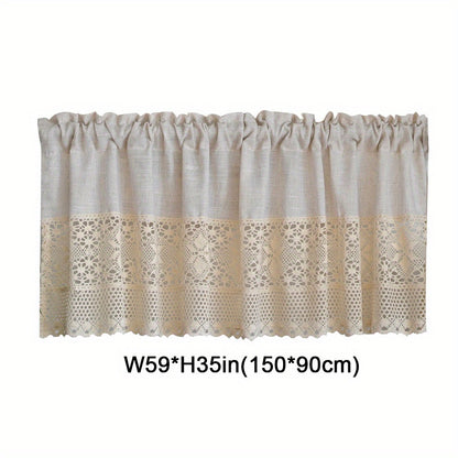 1pc Vintage Half Curtain - Crochet Hollow Short Curtain with Cotton Linen Splicing, Rod Pocket Top, Perfect for Small Window, Restaurant, Kitchen, Cafe, Living Room, Office, and Home Decor
