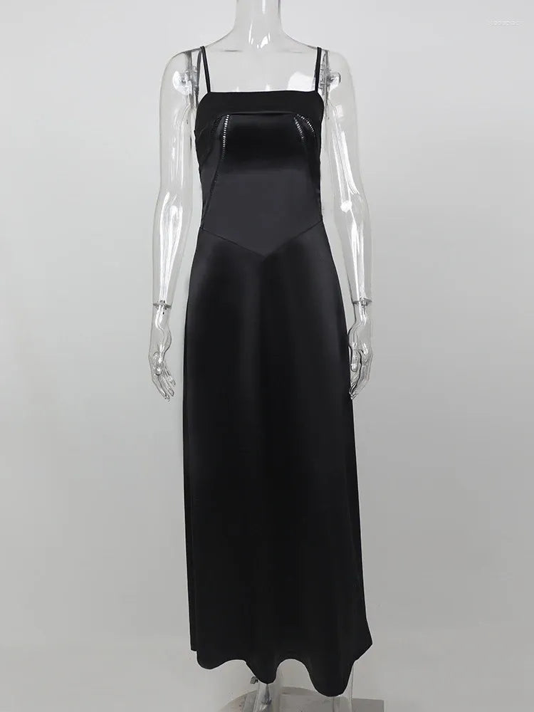 Casual Dresses Mozision Lace-up Satin Maxi Slipdress Women Black Spaghetti Strap Sleeveless Backless Dress Femme Club Party Evening