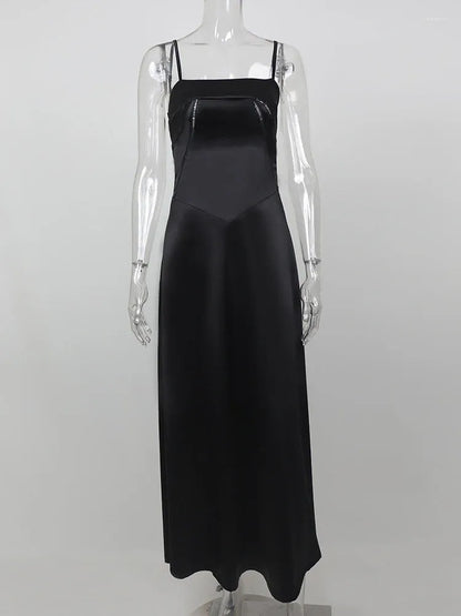 Casual Dresses Mozision Lace-up Satin Maxi Slipdress Women Black Spaghetti Strap Sleeveless Backless Dress Femme Club Party Evening