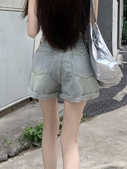 ZllKl  High Waist Casual Denim Shorts, Rolled Hem Loose Fit Short Denim Pants, Women's Denim Jeans & Clothing