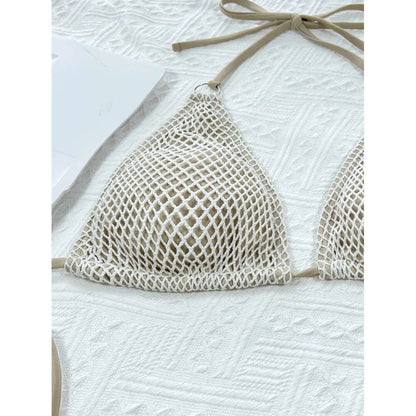 Women Sexy 2 Pieces Suit Knitted Hollow Out Swimsuit Triangle Thong Padded Bikini Halter Lace-up Swimwear Backless Bathing Suits