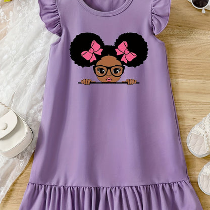 Girls Cartoon Graphic Knitted Ruffle Hem Flying Sleeve Dress - Soft, Slight Stretch, Regular Fit, Alphabets Pattern, Machine Washable, Perfect for Summer Casual Wear