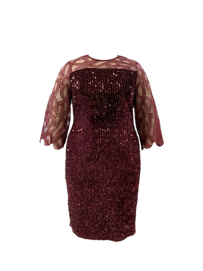 Plus Size Midi Fitted Bodycon Dress - Elegant Crew Neck, Three Quarter Sleeve, Slight Stretch, Contrast Sequin Stitching, Solid Color, Polyester, Hand Wash, Spring/Summer, Mature Occasion