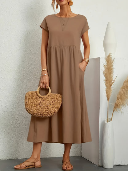 Plus Size Elegant Fit and Flare Crew Neck Dress with Pockets - Soft Medium Stretch Polyester, Solid Color, Short Sleeve, Midi Length, Perfect for Spring and Summer - Womens Casual Comfortable Knit Fabric Clothing