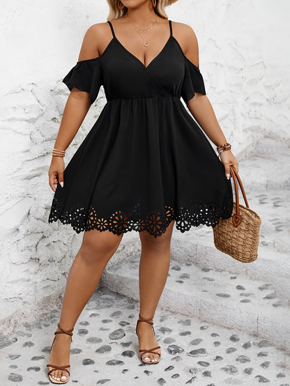 Plus Size Cutout Dress - Dramatic Cutout Trim, Cold Shoulder, Short Sleeve, Elegant Style - Perfect for Spring and Summer, Plus Size Womens Clothing