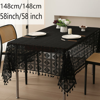 1pc Beige Linen Cotton Blend Crochet Tablecloth with Tassel - Tablecloths - Rustic American Pastoral Style Decor for Picnic, Holiday Party, and Home - Easy Care and Durable
