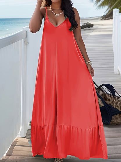 Plus Size Peplum Cami Maxi Dress - V Neck, Backless, Slight Stretch, Polyester, Machine Washable, Solid Color, Vacation Style, Knit Fabric - Perfect for Summer