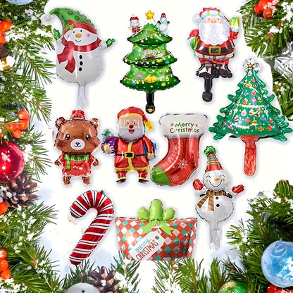 10pcs Mini Christmas Cartoon Cute Balloons, Assorted Colors, Aluminum Foil Balloon Decorations for Party & Gathering, Festive Holiday Decoration Props, No Power Needed, Christmas Party Supplies