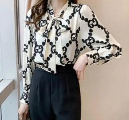 Designer Printed Black Shirts Women Runway Button Shirt Office Ladies Ribbon Bow Blouses Slim Fit Stylish Luxury Tops