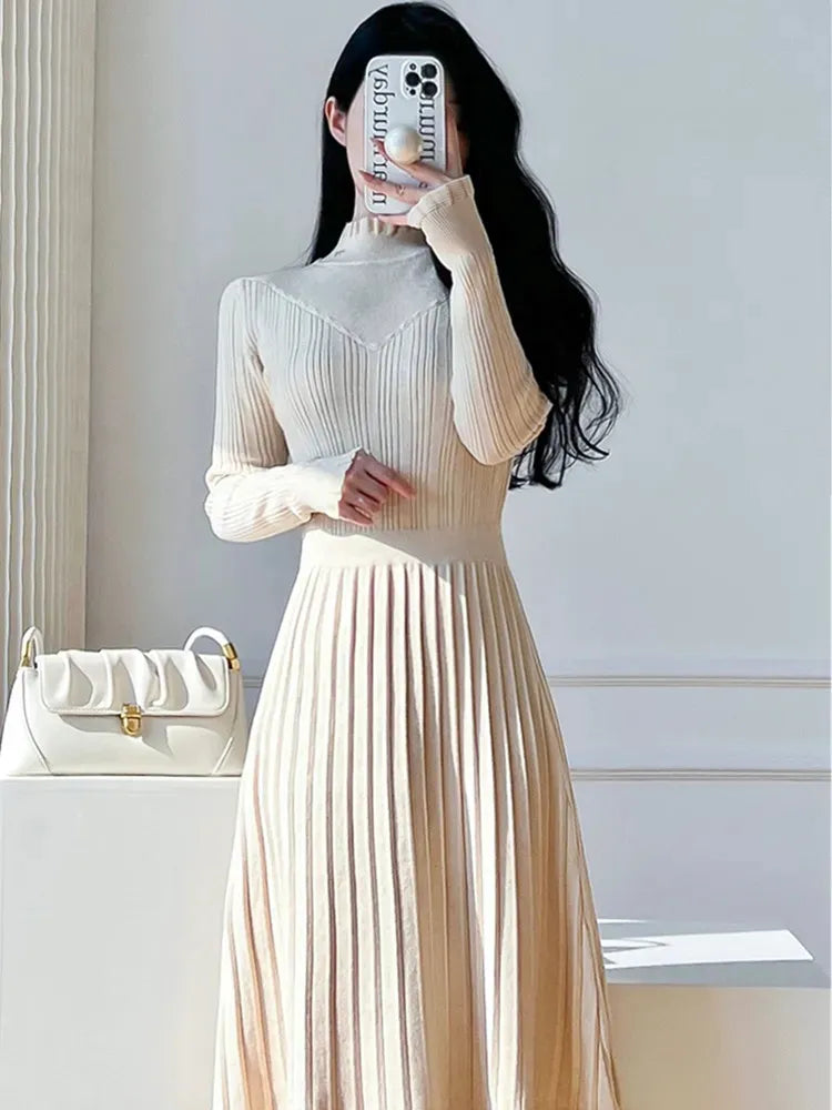 Basic Casual Dresses New Autumn Winter Elegant Knitted Lace Patchwork Pleated Dress Women Long Sleeve Office Lady Sweater Dress Vestidos