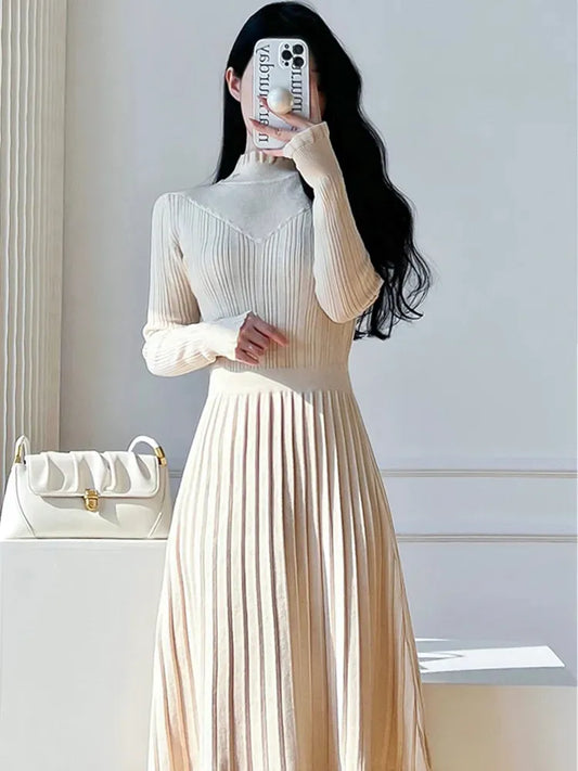 Basic Casual Dresses New Autumn Winter Elegant Knitted Lace Patchwork Pleated Dress Women Long Sleeve Office Lady Sweater Dress Vestidos