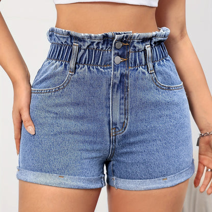 ZllKl  High Waist Washed Denim Shorts, Rolled Hem Slash Pockets Short Denim Pants, Women's Denim Jeans & Clothing