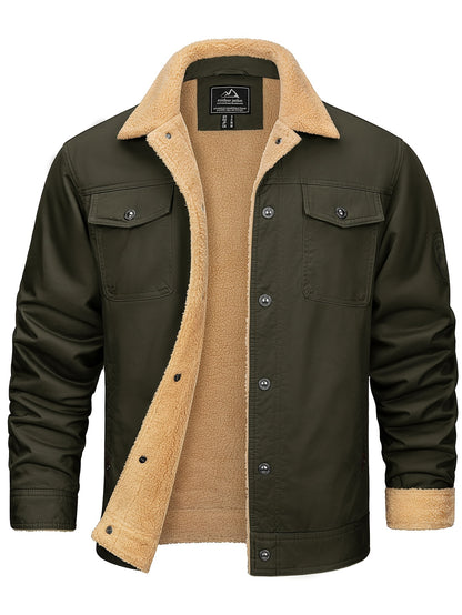 Men's Plus Size Lapel Fleece Jacket Coat Winter Windproof Metal Button Fleece Lined Warm Jacket Adjustable Snap Button Cuffs And Hem Multiple Pockets Soft And Comfortable For Traveling Work Motorcycle Riding Hiking Camping Golf Fleece Warm Jacket