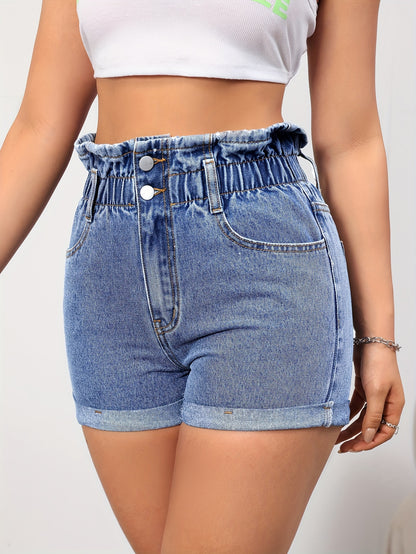ZllKl  High Waist Washed Denim Shorts, Rolled Hem Slash Pockets Short Denim Pants, Women's Denim Jeans & Clothing