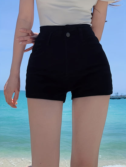 ZllKl  Solid Color Casual Denim Shorts, High Rise Zipper Button Closure Denim Shorts, Women's Denim Jeans & Clothing