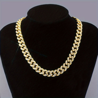1pc Shiny Cuban Chain Icy Miami Men Womens Cuban Necklace Choker Silvery/Golden Shiny Rhinestone Hip Hop Jewelry For Women