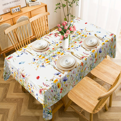 1pc Charming Watercolor Floral Tablecloth - Fresh Pastoral Wheat Motif - Seasonal Rectangle Table Cover for Spring Picnics & Holiday Celebrations, Elegant Home Decor