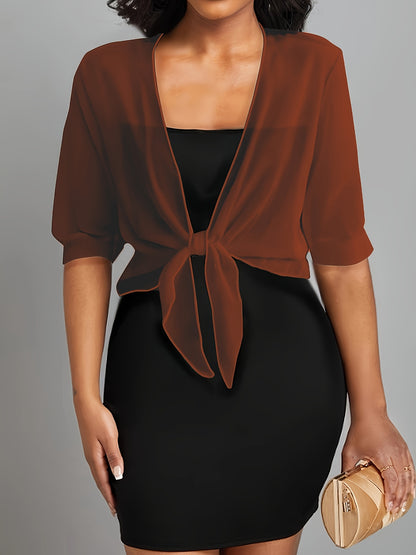 ZllKl Tie Front Semi-Sheer Blouse, Elegant Open Front Shawl Blouse, Women's Clothing