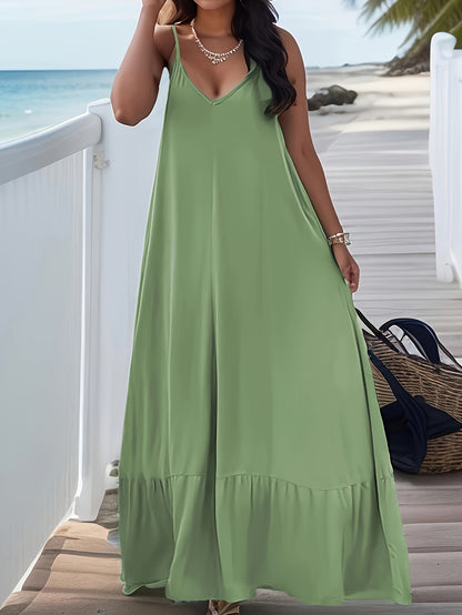 Plus Size Peplum Cami Maxi Dress - V Neck, Backless, Slight Stretch, Polyester, Machine Washable, Solid Color, Vacation Style, Knit Fabric - Perfect for Summer