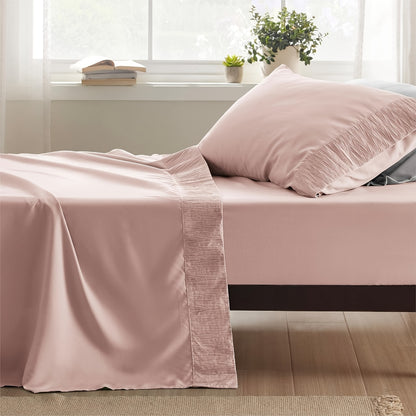 4pcs Luxurious Microfiber Sheet Set - 14" Deep Pocket, Exquisite Pinch Pleat, Shrink-Resistant, Fade-Resistant, Soft & Comfortable Bedding Set With Pillowcase, Flat Sheet, Fitted Sheet - Modern Design For All Season, Dorm Bedding For College Set