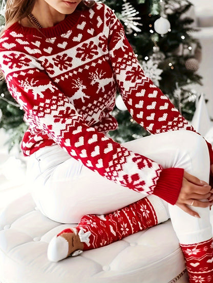Elegant Red Reindeer & Snowflake Crew Neck Sweater - Cozy Knit Pullover for Women, Perfect for Christmas, for Winter, Autumn