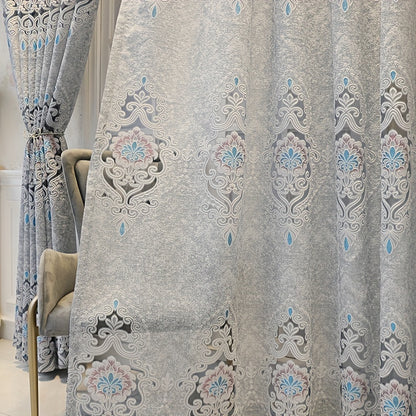 1pc Exquisite Grey and Blue Jacquard Embroidered Window Sheer Curtain - Adds Elegance to Living Room, Bedroom, Balcony with Soft Filtered Light, Privacy Protection, and Easy Installation - Perfect Home Decor for Windows