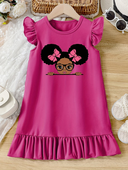 Girls Cartoon Graphic Knitted Ruffle Hem Flying Sleeve Dress - Soft, Slight Stretch, Regular Fit, Alphabets Pattern, Machine Washable, Perfect for Summer Casual Wear