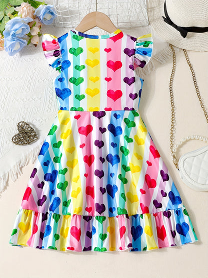 Girls Vibrant Hearts Print Round Neck Flying Sleeve Midi Dress - Adorable & Flowy for Summer Romance & Valentines Day