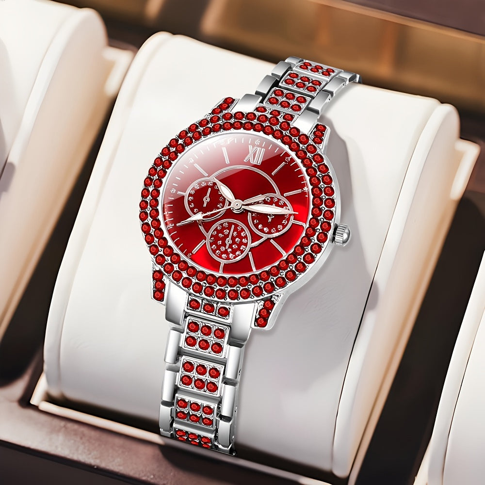 6 Pcs Sparkling Round Rhinestone Quartz Watches - Zinc Alloy Strap, Pointer, and Dial - Elegant Jewelry Gift Set for Women with Matching Necklace and Earrings