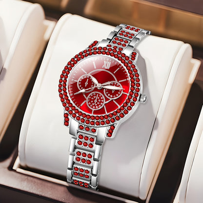 6 Pcs Sparkling Round Rhinestone Quartz Watches - Zinc Alloy Strap, Pointer, and Dial - Elegant Jewelry Gift Set for Women with Matching Necklace and Earrings
