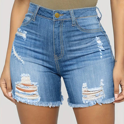 ZllKl  Blue Raw Hem Denim Shorts, Ripped Holes Slash Pockets Short Denim Pants, Women's Denim Jeans & Clothing