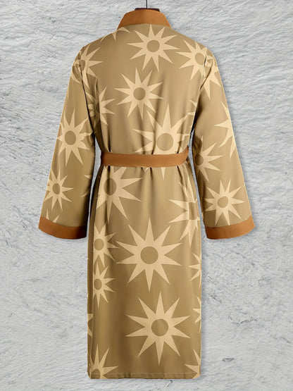 Mens Ultra-Soft Geometric Kimono Robe - Stylish One-piece Bathrobe with Sun Prints - Quick-dry, Breathable Nightwear Set for Relaxing at Home