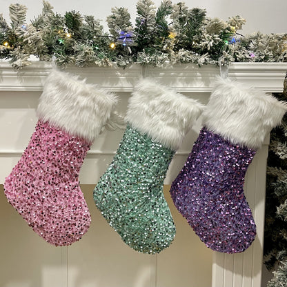 1pc Sparkling Sequin Plush Christmas Stocking - Vibrant Festive Tree Decoration, Party Supplies & Gift Bag with Luxurious Texture and Iridescent Shine