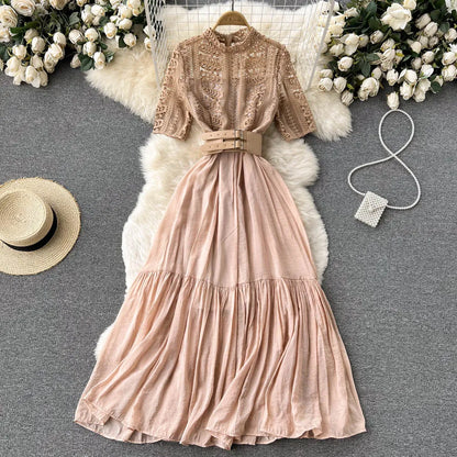 New Summer Elegant Women Stand Collar Long Dress Vintage Female Lace Patchwork Dress Empire Slim Fairy with Belt