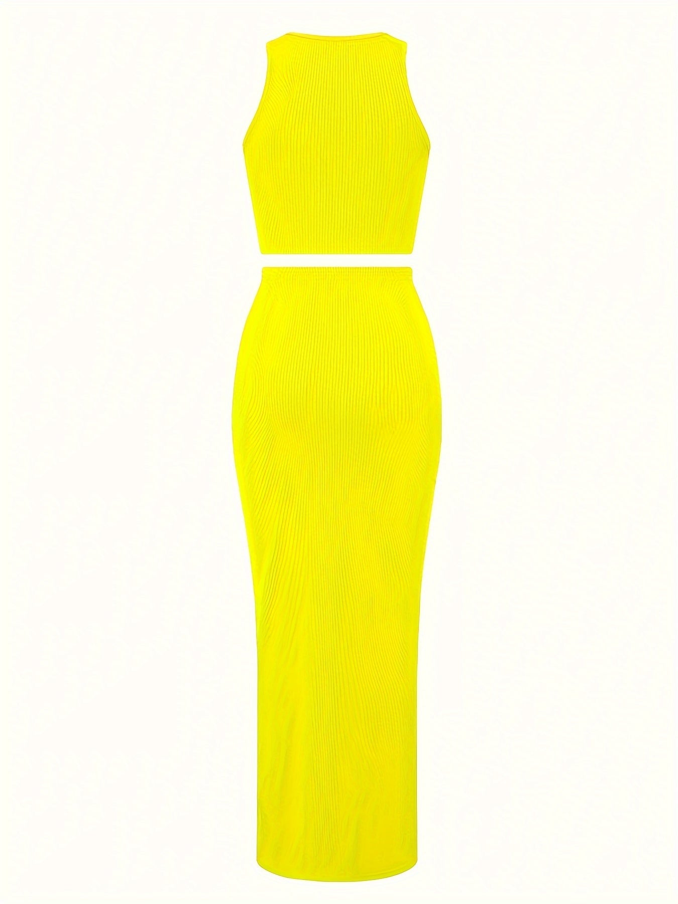 1 Sexy Two-Piece Set - High Stretch Sleeveless Tank Top with Deep V Neck & Flared Maxi Skirt Outfit - Polyester Knit Fabric, Machine Washable, Perfect for Spring/Summer
