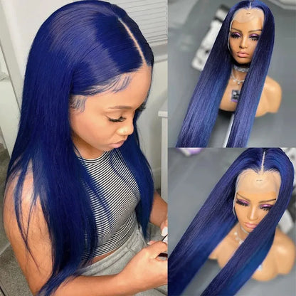 Midnight Blue Straight Lace Frontal Human Hair Wigs Brazilian 13X6 Lace Front Wig Dark Blue 250% Density Full Lace Wig for Women